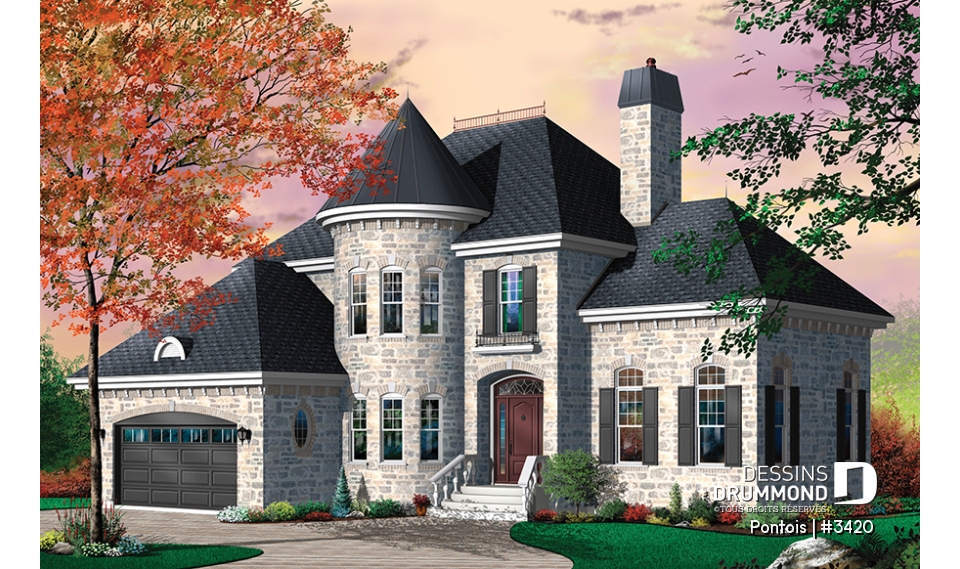 Vue avant - MODÈLE DE BASE - Plan de maison avec grande chambre des parents, 3 chambres, buanderie à l'étage, bureau, grand séjour, foyer - Pontois