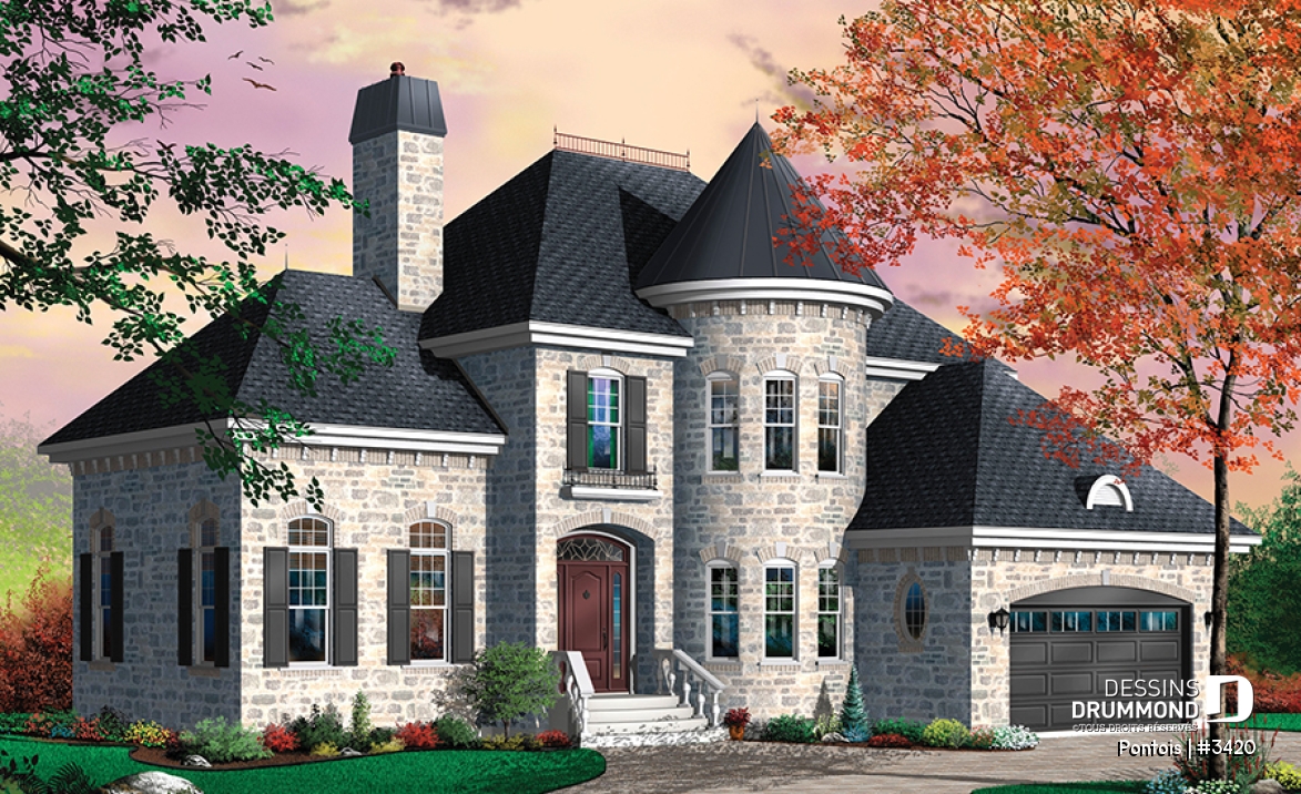 Vue avant - MODÈLE DE BASE - Plan de maison avec grande chambre des parents, 3 chambres, buanderie à l'étage, bureau, grand séjour, foyer - Pontois