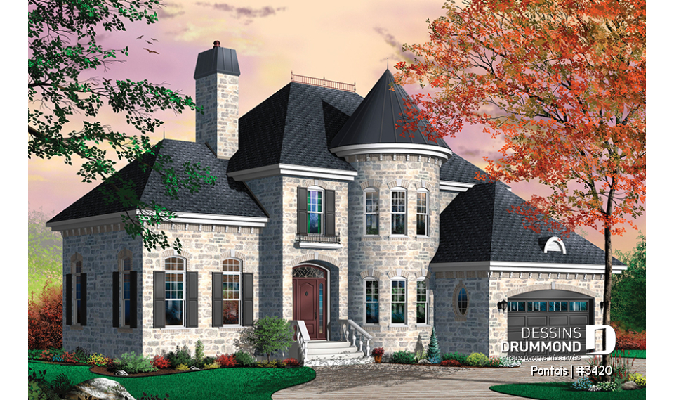 Vue avant - MODÈLE DE BASE - Plan de maison avec grande chambre des parents, 3 chambres, buanderie à l'étage, bureau, grand séjour, foyer - Pontois