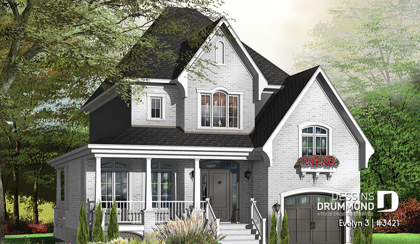 Version couleur no. 2 - Vue avant - Plan de maison traditionnelle avec garage et 3 chambres, vestibule à l'entrée, terrasse abritée - Evelyn 3