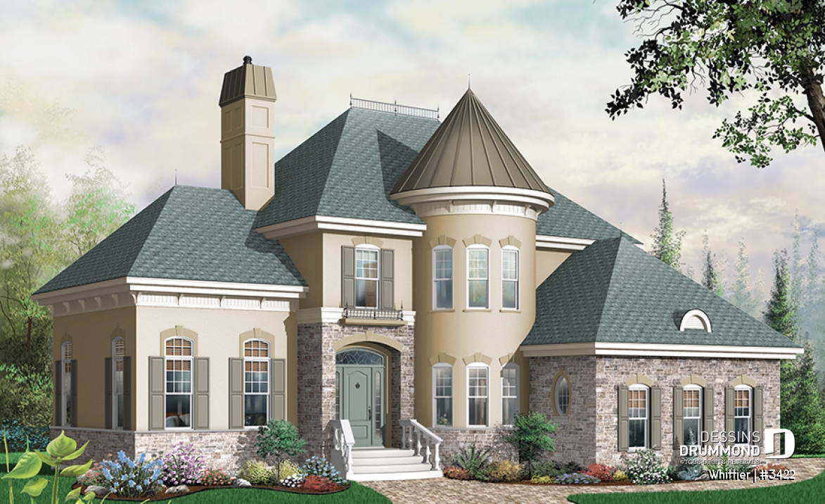 Vue avant - MODÈLE DE BASE - Plan de manoir style Européen, 3 chambres, plafond 12' au séjour, cuisine avec îlot, bureau, garage double - Whittier