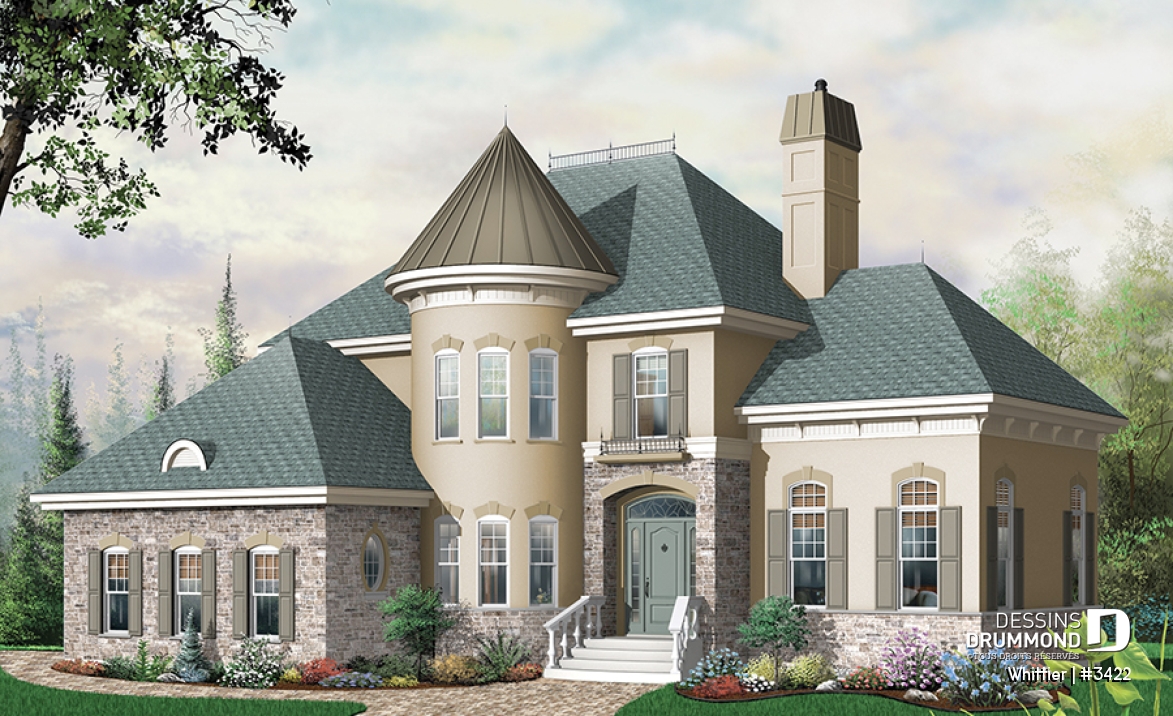Vue avant - MODÈLE DE BASE - Plan de manoir style Européen, 3 chambres, plafond 12' au séjour, cuisine avec îlot, bureau, garage double - Whittier