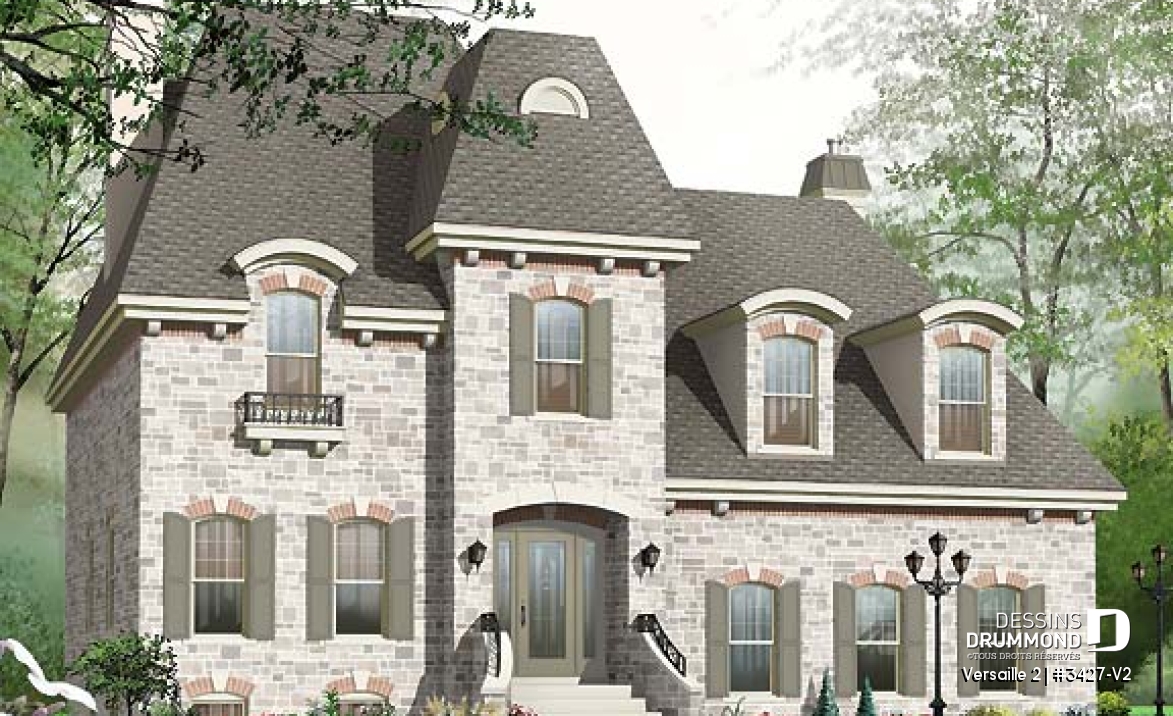 Vue avant - MODÈLE DE BASE - Plan de maison 3 chambres, grande suite des maîtres, garage double, cathédrale, 2 foyers, mezzanine - Versaille 2