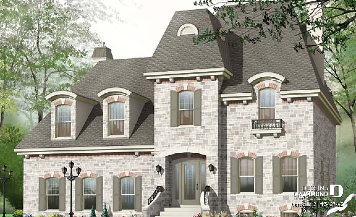 Vue avant - MODÈLE DE BASE - Plan de maison 3 chambres, grande suite des maîtres, garage double, cathédrale, 2 foyers, mezzanine - Versaille 2