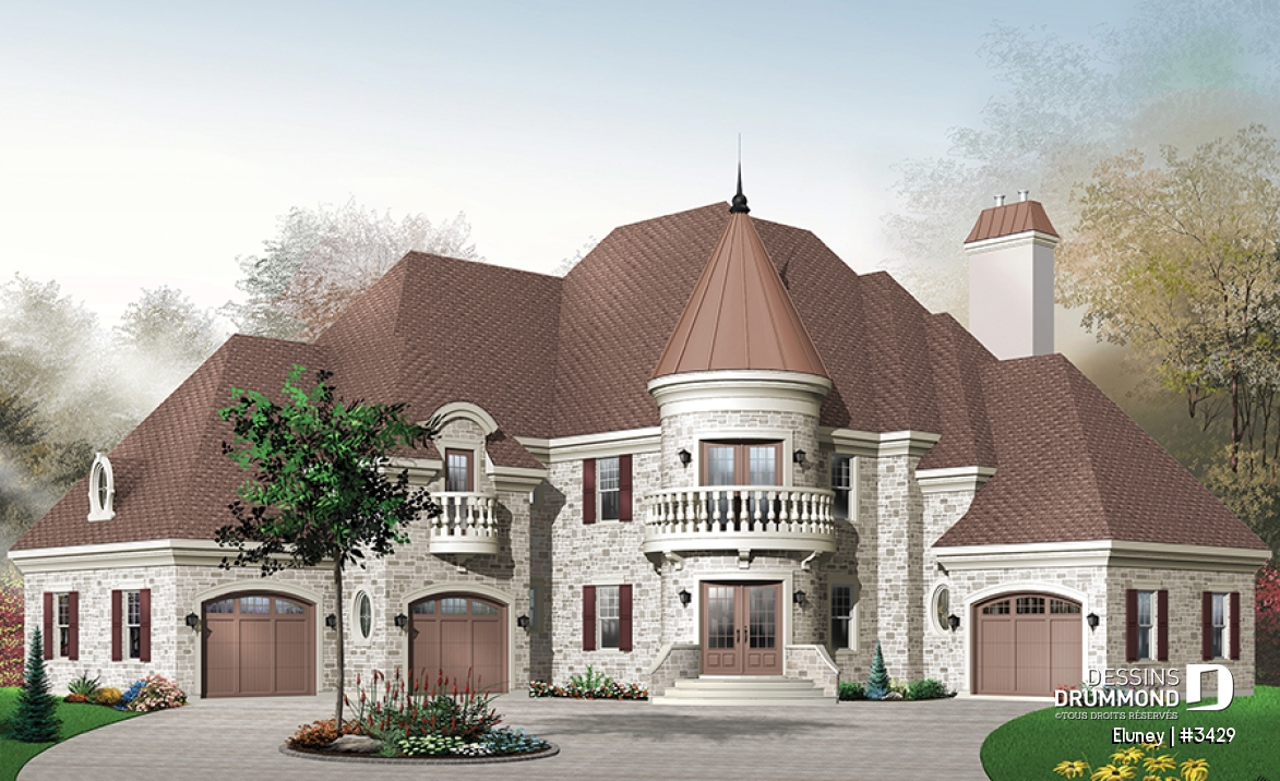 Vue avant - MODÈLE DE BASE - Plan de maison somptueuse, 3 à 4 chambres, grande cuisine avec coin déjeuner, bureau, garage triple - Eluney
