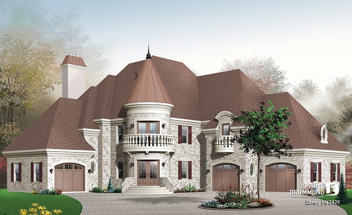 Vue avant - MODÈLE DE BASE - Plan de maison somptueuse, 3 à 4 chambres, grande cuisine avec coin déjeuner, bureau, garage triple - Eluney