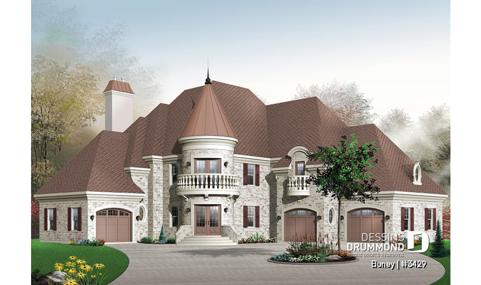 Vue avant - MODÈLE DE BASE - Plan de maison somptueuse, 3 à 4 chambres, grande cuisine avec coin déjeuner, bureau, garage triple - Eluney