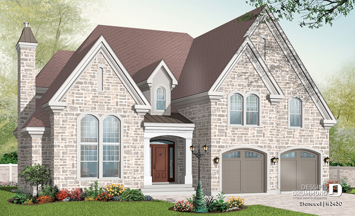 Vue avant - MODÈLE DE BASE - Modèle de maison de style Manoir 3 à 4 chambres possible, large espace boni, garage double, salon avec foyer - Stonewell