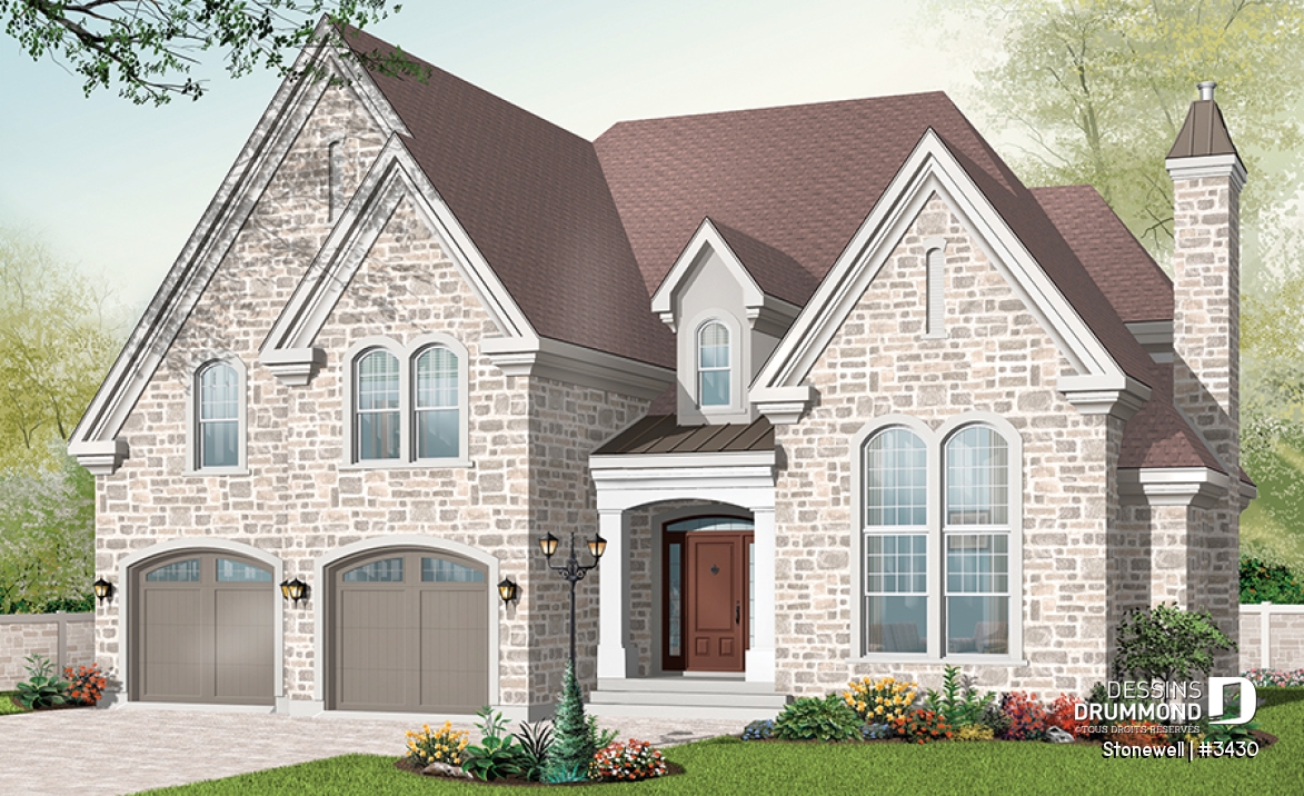 Vue avant - MODÈLE DE BASE - Modèle de maison de style Manoir 3 à 4 chambres possible, large espace boni, garage double, salon avec foyer - Stonewell