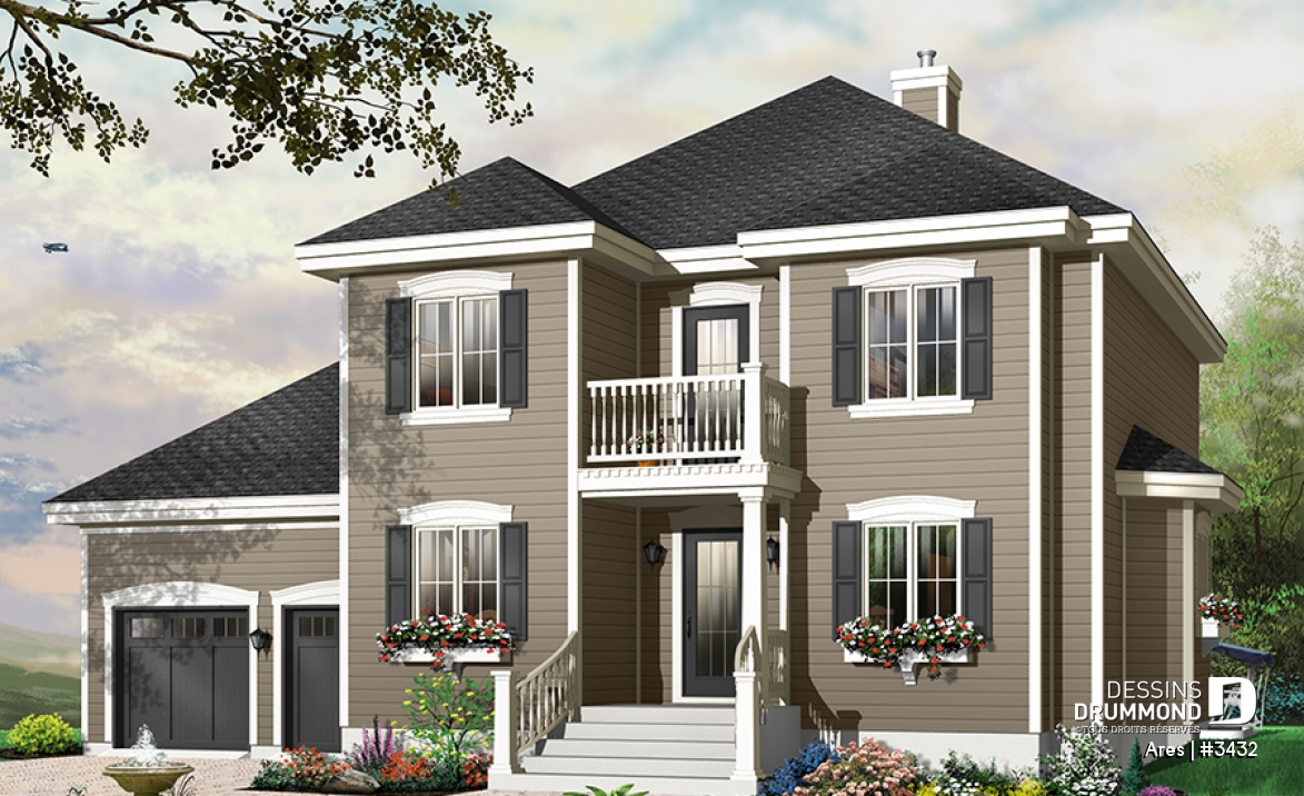 Vue avant - MODÈLE DE BASE - Plan de maison à étage, 3 chambres, 1 grande pièce bonus (chambre #4), garage double, bureau, foyer double - Ares