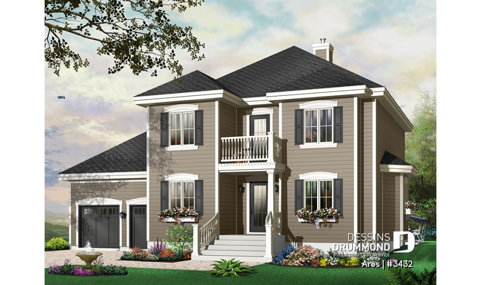 Vue avant - MODÈLE DE BASE - Plan de maison à étage, 3 chambres, 1 grande pièce bonus (chambre #4), garage double, bureau, foyer double - Ares