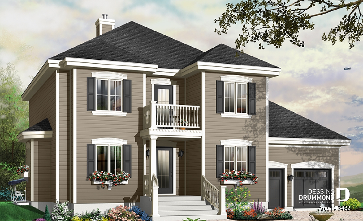 Vue avant - MODÈLE DE BASE - Plan de maison à étage, 3 chambres, 1 grande pièce bonus (chambre #4), garage double, bureau, foyer double - Ares