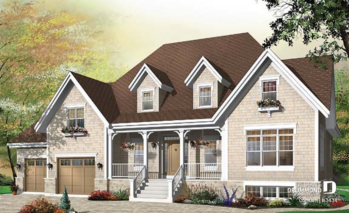 Vue avant - MODÈLE DE BASE - Plan de maison à étage de 3 à 4 chambres, garage double, grande suite des maîtres, superbe salon, bureau - Camden