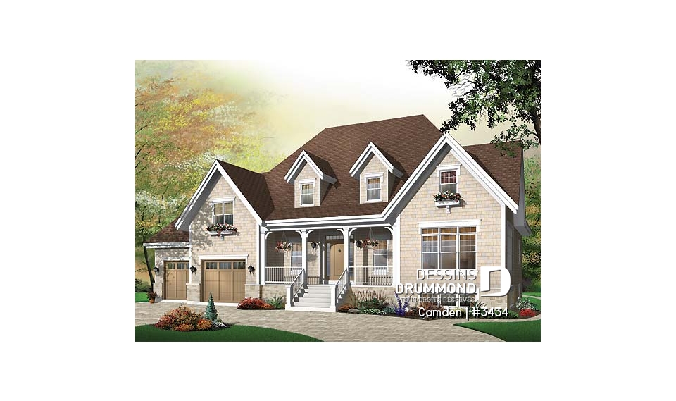 Vue avant - MODÈLE DE BASE - Plan de maison à étage de 3 à 4 chambres, garage double, grande suite des maîtres, superbe salon, bureau - Camden