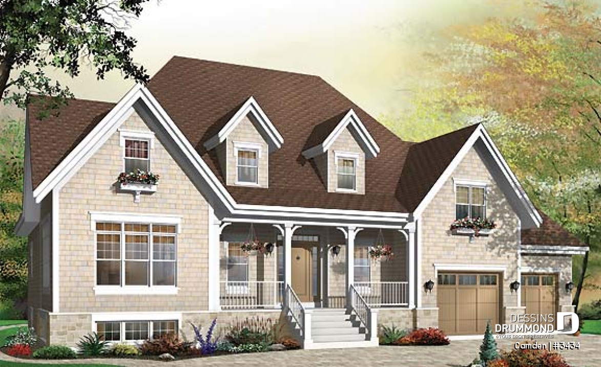 Vue avant - MODÈLE DE BASE - Plan de maison à étage de 3 à 4 chambres, garage double, grande suite des maîtres, superbe salon, bureau - Camden