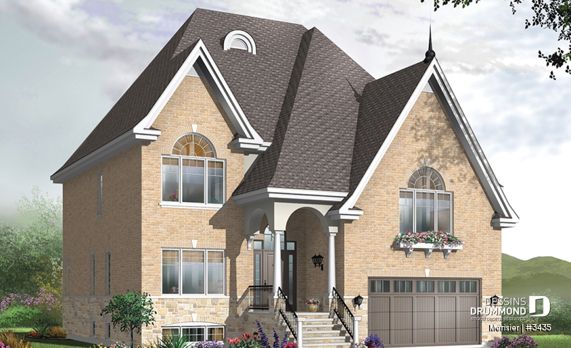 Vue avant - MODÈLE DE BASE - Maison 2 étages à paliers, 4 à 5 chambres, garage double, espace bureau - Merisier