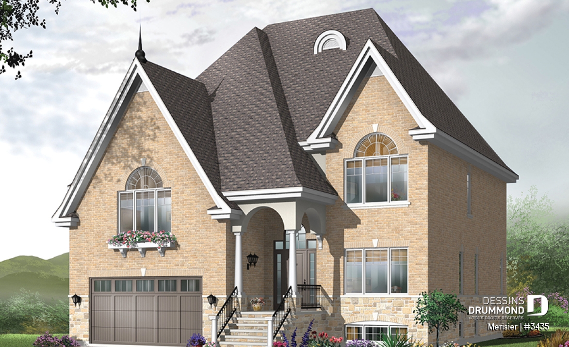 Vue avant - MODÈLE DE BASE - Maison 2 étages à paliers, 4 à 5 chambres, garage double, espace bureau - Merisier
