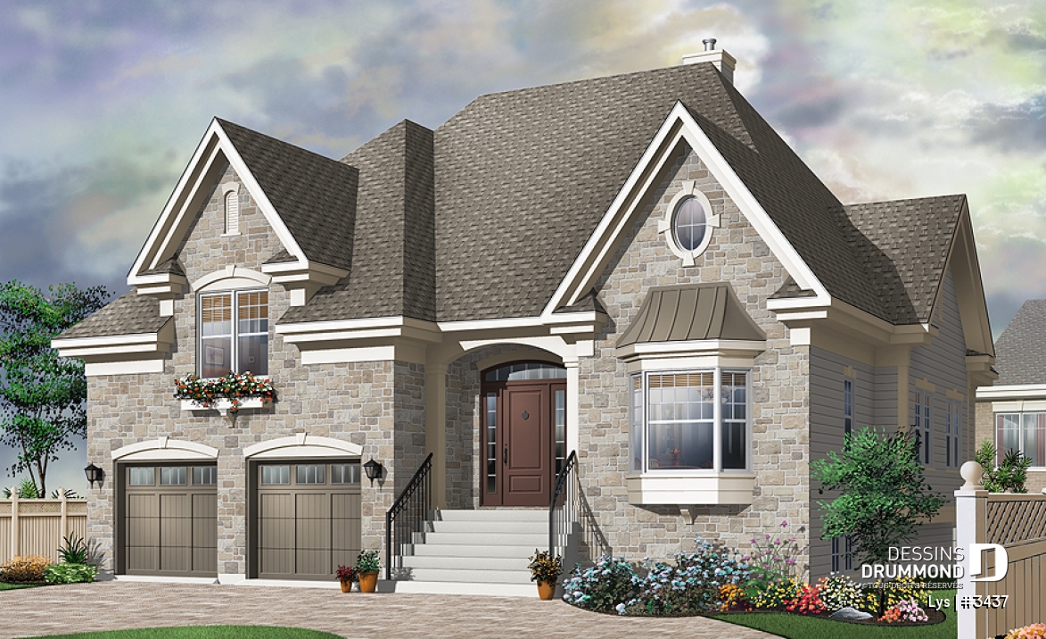 Vue avant - MODÈLE DE BASE - Modèle de maison de style manoir européen avec garage double et suite des maîtres à mi-étage distinctive - Lys