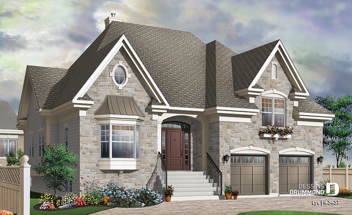 Vue avant - MODÈLE DE BASE - Modèle de maison de style manoir européen avec garage double et suite des maîtres à mi-étage distinctive - Lys