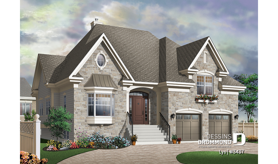 Vue avant - MODÈLE DE BASE - Modèle de maison de style manoir européen avec garage double et suite des maîtres à mi-étage distinctive - Lys