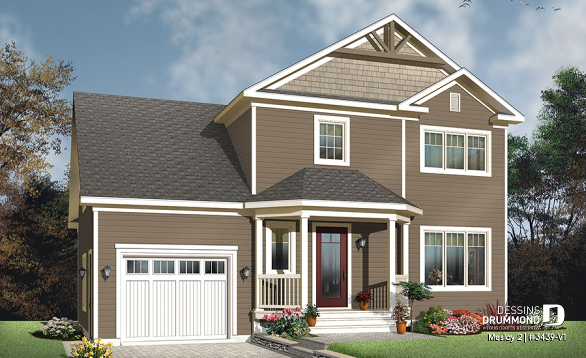 Vue avant - MODÈLE DE BASE - Plan de style champêtre nordique, maison à bon prix, à aire ouverte, 3 grandes chambres, garage simple - Meslay 2