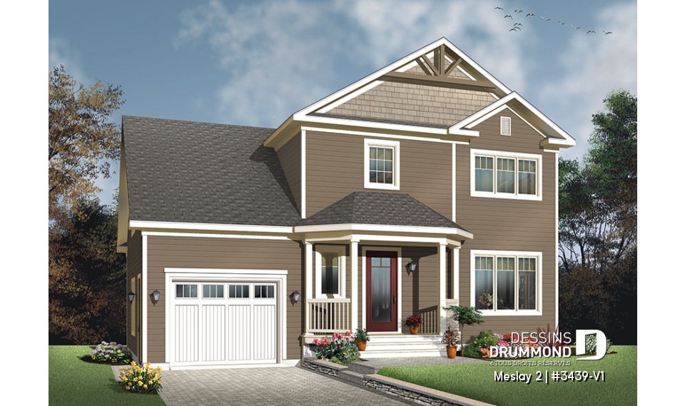 Vue avant - MODÈLE DE BASE - Plan de style champêtre nordique, maison à bon prix, à aire ouverte, 3 grandes chambres, garage simple - Meslay 2