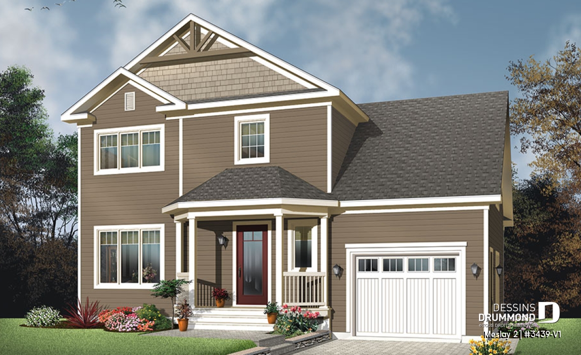 Vue avant - MODÈLE DE BASE - Plan de style champêtre nordique, maison à bon prix, à aire ouverte, 3 grandes chambres, garage simple - Meslay 2