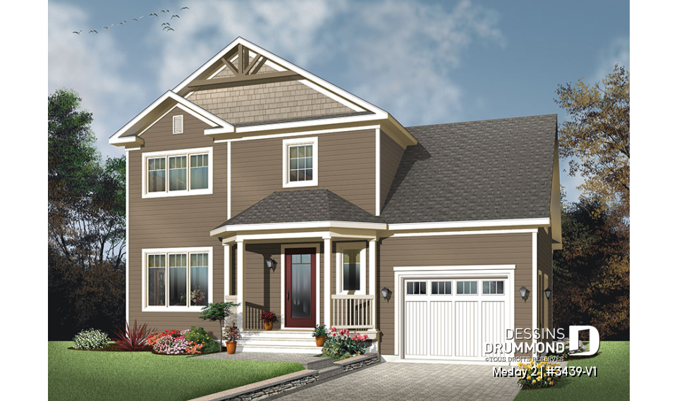 Vue avant - MODÈLE DE BASE - Plan de style champêtre nordique, maison à bon prix, à aire ouverte, 3 grandes chambres, garage simple - Meslay 2