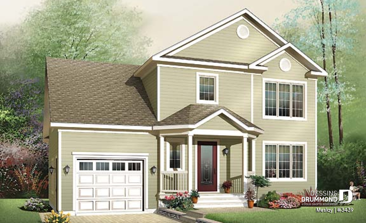 Vue avant - MODÈLE DE BASE - Plan de maison udgétaire, à étage, 3 grandes chambres, garage simple avec accès au sous-sol - Meslay