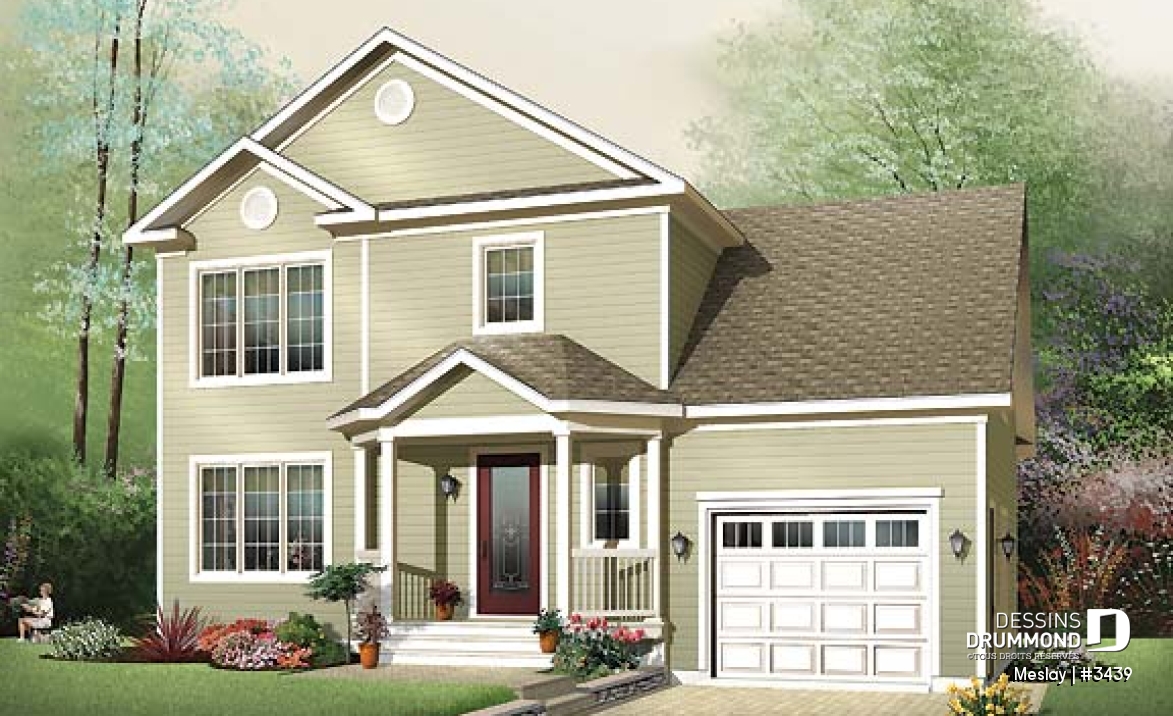 Vue avant - MODÈLE DE BASE - Plan de maison udgétaire, à étage, 3 grandes chambres, garage simple avec accès au sous-sol - Meslay