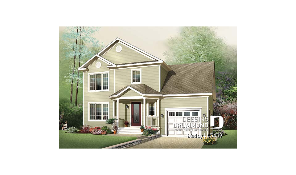 Vue avant - MODÈLE DE BASE - Plan de maison udgétaire, à étage, 3 grandes chambres, garage simple avec accès au sous-sol - Meslay