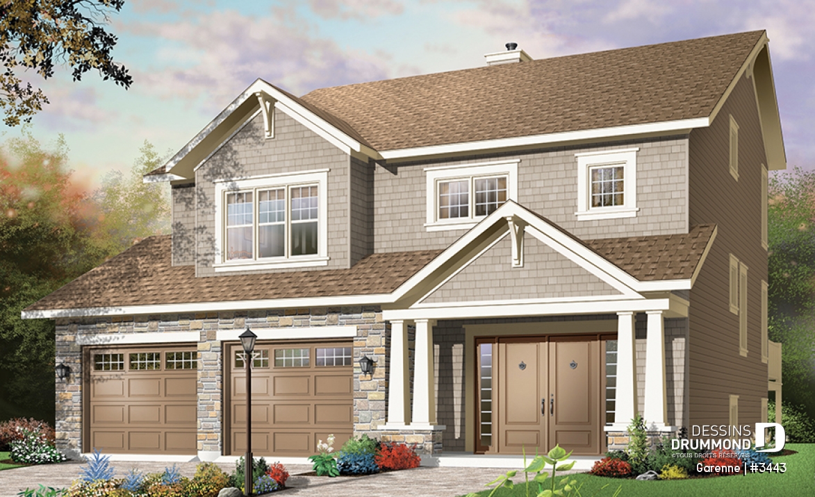 Vue avant - MODÈLE DE BASE - Plan de maison 3 chambres, walk-in double dans la suite des maîtres, garage double - Garenne