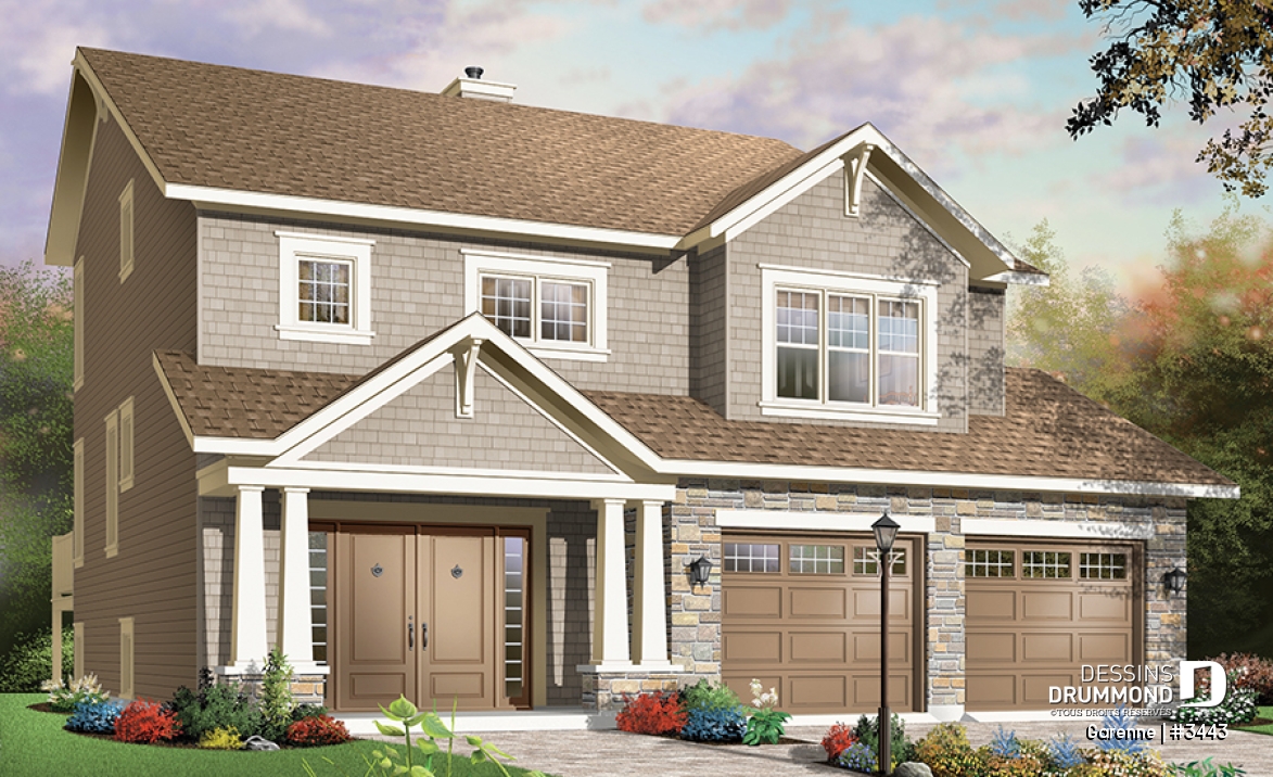 Vue avant - MODÈLE DE BASE - Plan de maison 3 chambres, walk-in double dans la suite des maîtres, garage double - Garenne