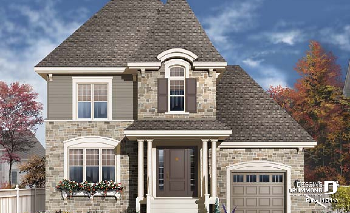 Vue avant - MODÈLE DE BASE - Plan de maison style manoir, pour terrain étroit, 3 chambres, garage et coin déjeuner - Perry