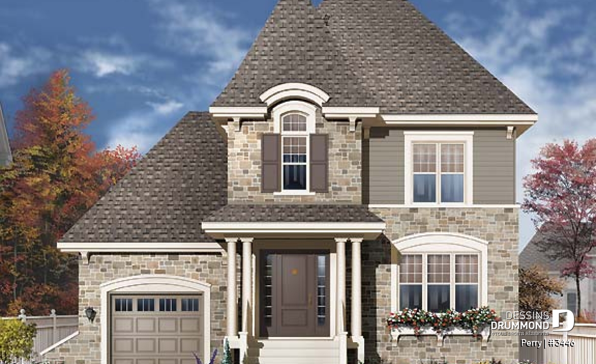 Vue avant - MODÈLE DE BASE - Plan de maison style manoir, pour terrain étroit, 3 chambres, garage et coin déjeuner - Perry