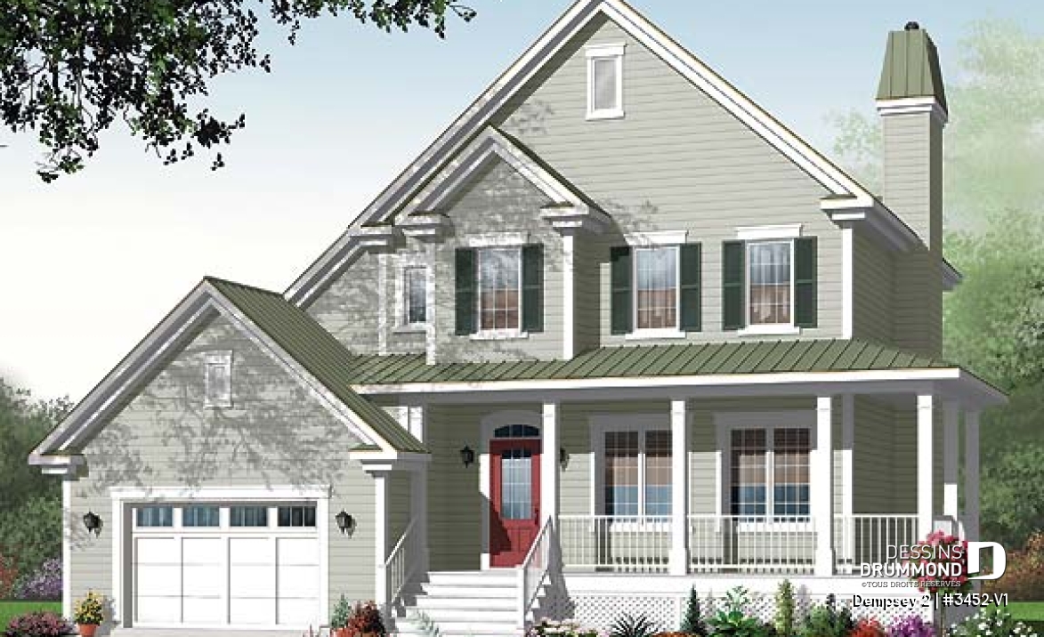 Vue avant - MODÈLE DE BASE - Plan de maison familiale, bureau à domicile, 3 à 4 chambres, espace boni, garage spacieux - Dempsey 2