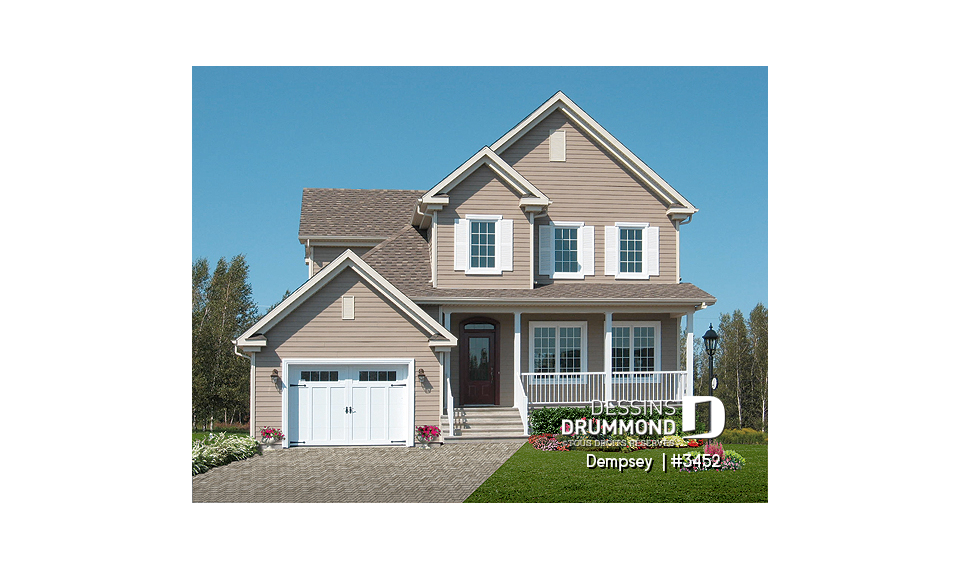 Vue avant - MODÈLE DE BASE - Plan de maison à étage 3 chambres, garage, bureau, suite des parents et buanderie à l'étage - Dempsey 