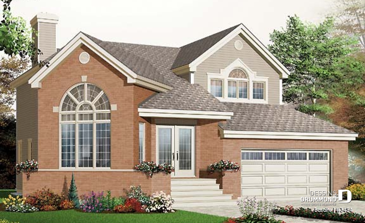 Vue avant - MODÈLE DE BASE - Plan de maison garage double, lumière naturelle, mezzanine, grande cuisine, foyer, 3 chambres - Basalte