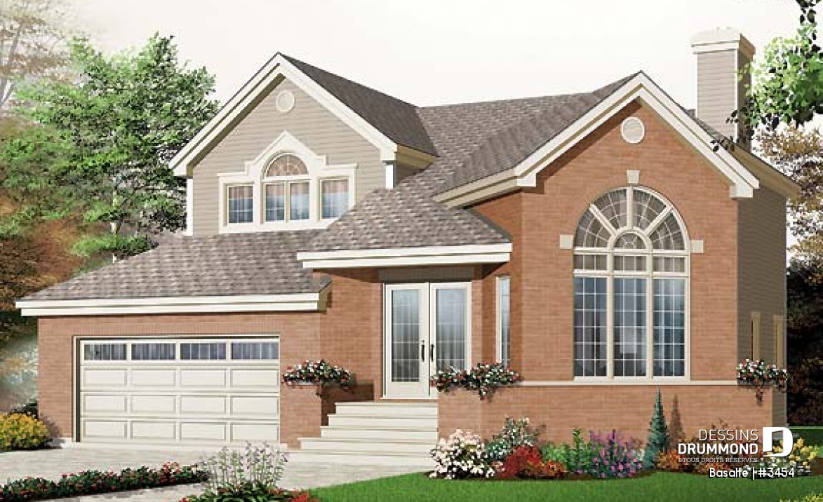 Vue avant - MODÈLE DE BASE - Plan de maison garage double, lumière naturelle, mezzanine, grande cuisine, foyer, 3 chambres - Basalte