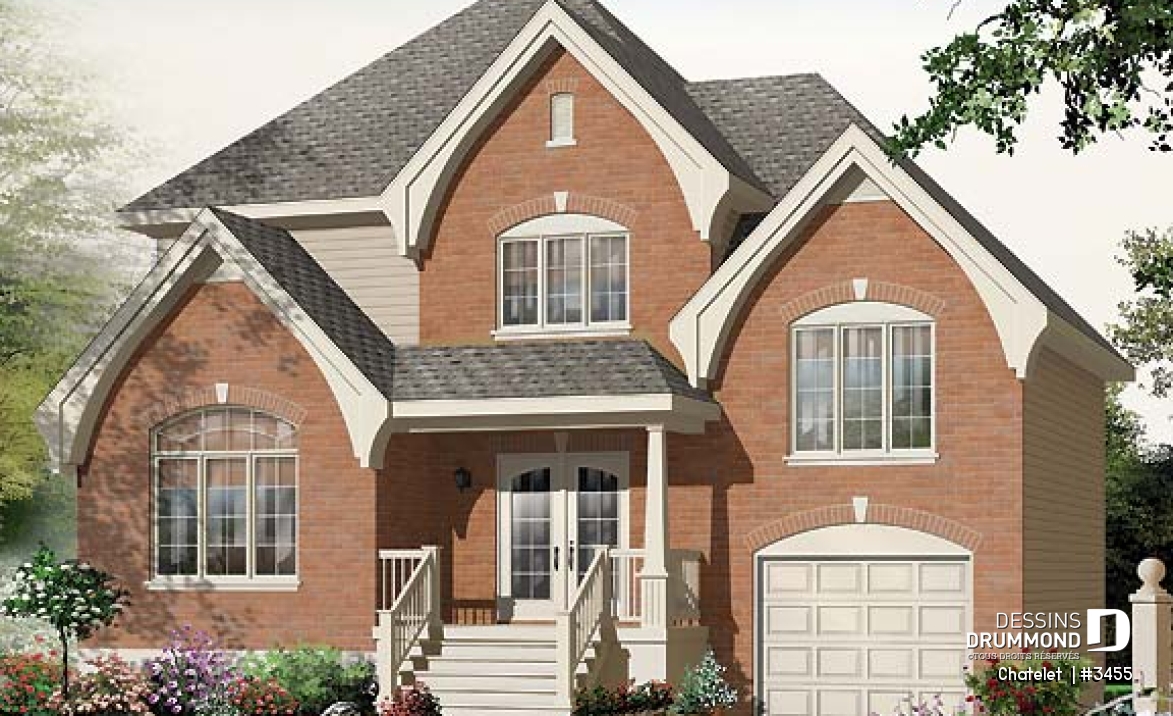 Vue avant - MODÈLE DE BASE - Plan de maison de style classique, 3 à 4 chambres, grande entrée, garage avec espace boni - Chatelet 