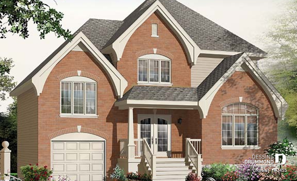 Vue avant - MODÈLE DE BASE - Plan de maison de style classique, 3 à 4 chambres, grande entrée, garage avec espace boni - Chatelet 