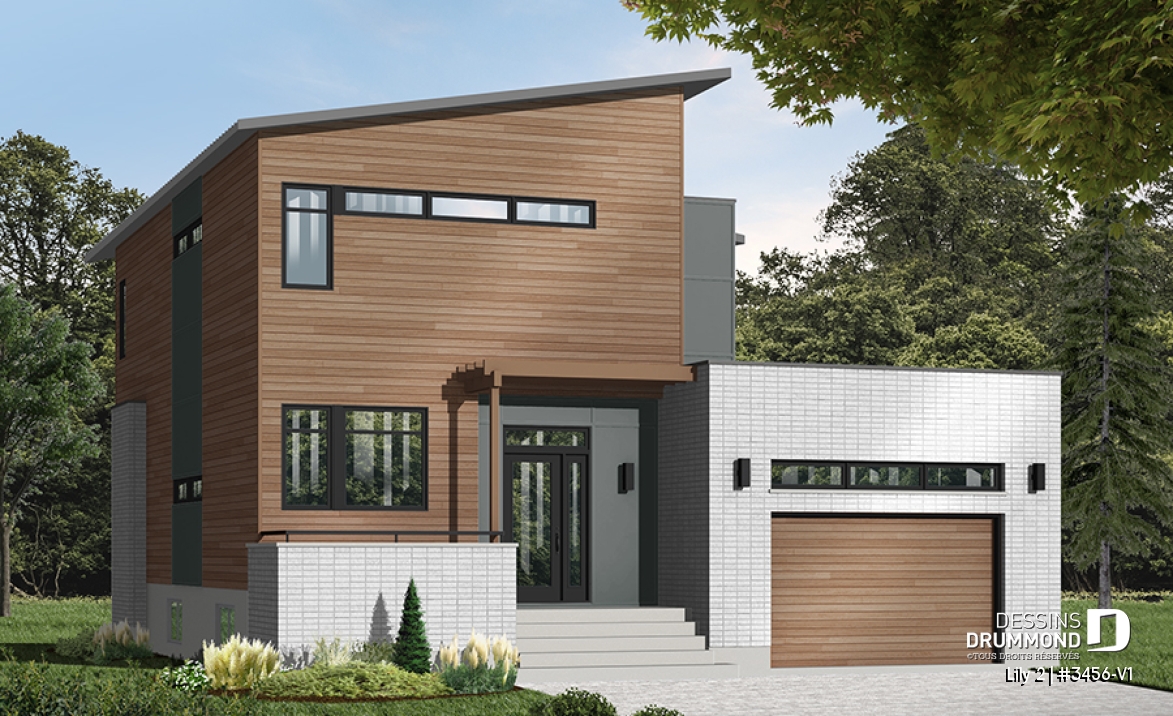 Vue avant - MODÈLE DE BASE - Plan de maison contemporaine originale, 3 chambres + bureau à domicile, ilôt et garde-manger à la cuisine - Lily 2