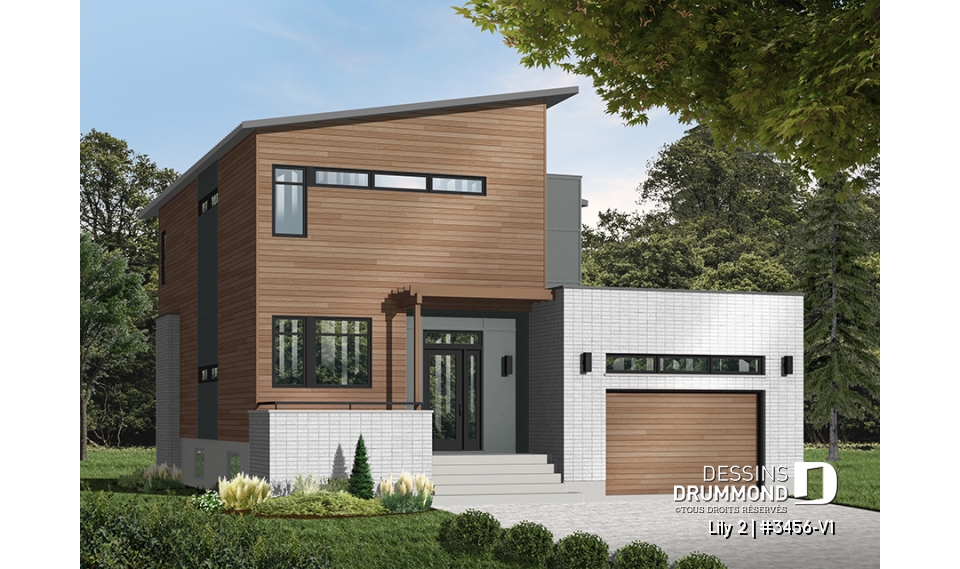 Vue avant - MODÈLE DE BASE - Plan de maison contemporaine originale, 3 chambres + bureau à domicile, ilôt et garde-manger à la cuisine - Lily 2