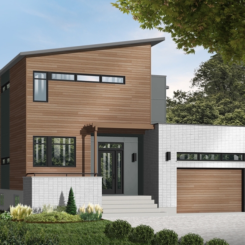 Vue avant - MODÈLE DE BASE - Plan de maison contemporaine originale, 3 chambres + bureau à domicile, ilôt et garde-manger à la cuisine - Lily 2