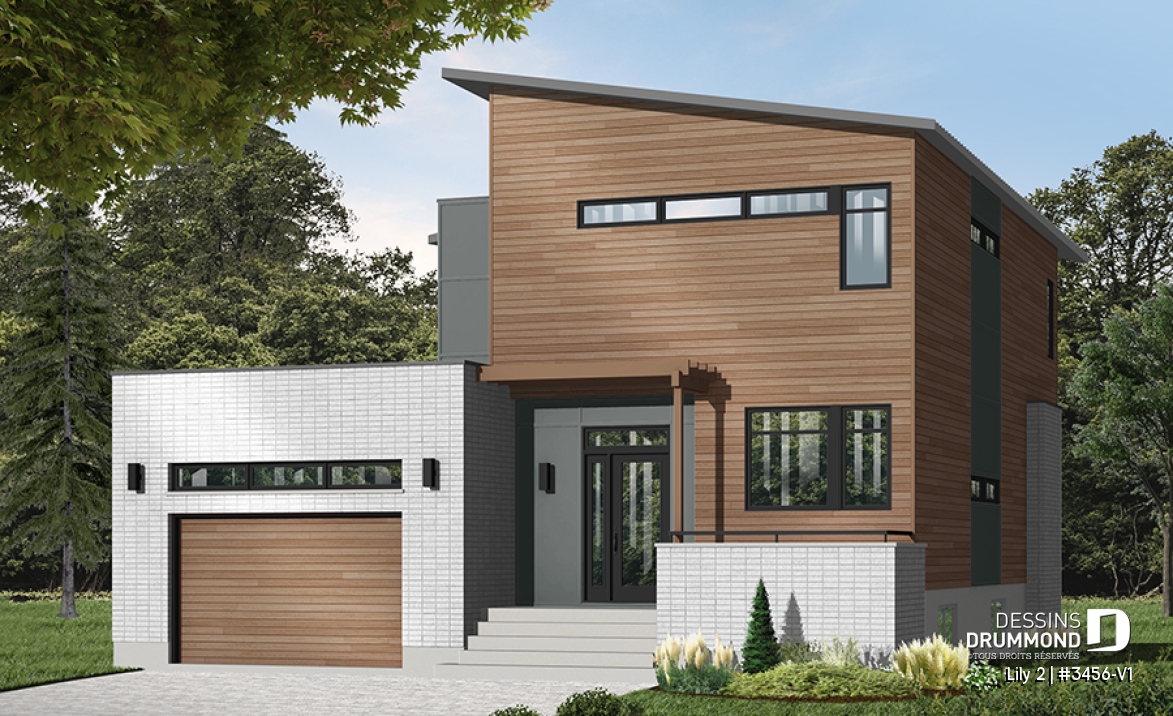 Vue avant - MODÈLE DE BASE - Plan de maison contemporaine originale, 3 chambres + bureau à domicile, ilôt et garde-manger à la cuisine - Lily 2