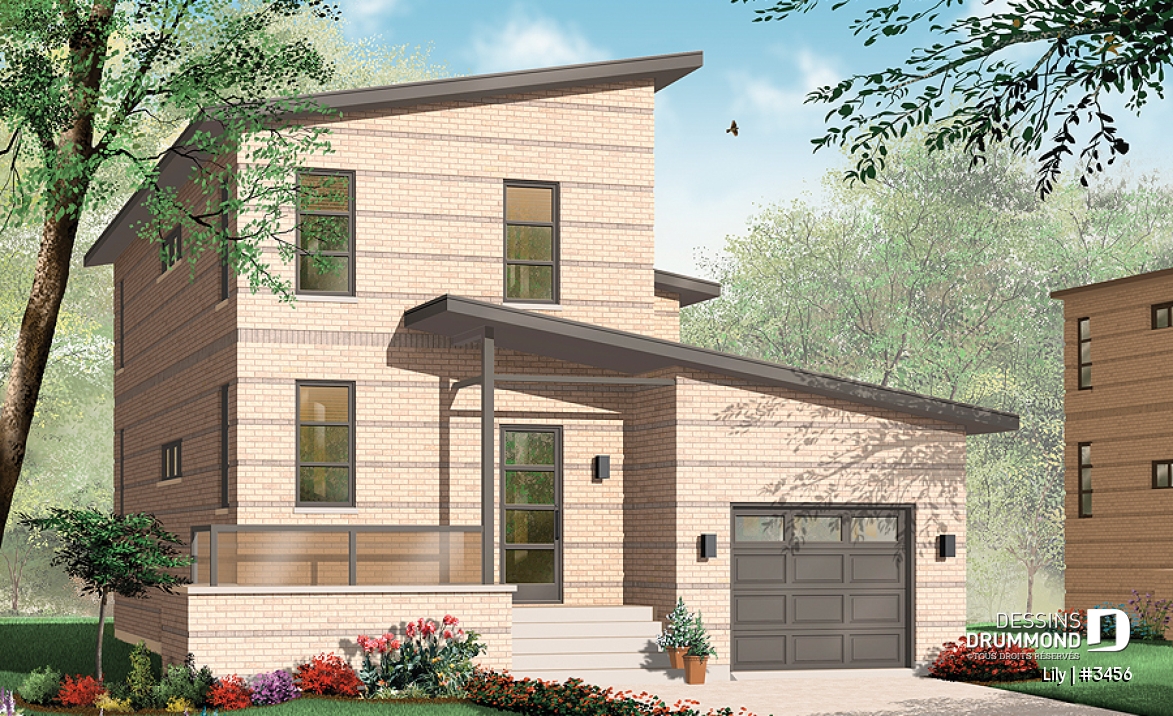 Vue avant - MODÈLE DE BASE - Maison de style contemporain à palier, 2 chambres, garage, grande salle de séjour avec foyer - Lily
