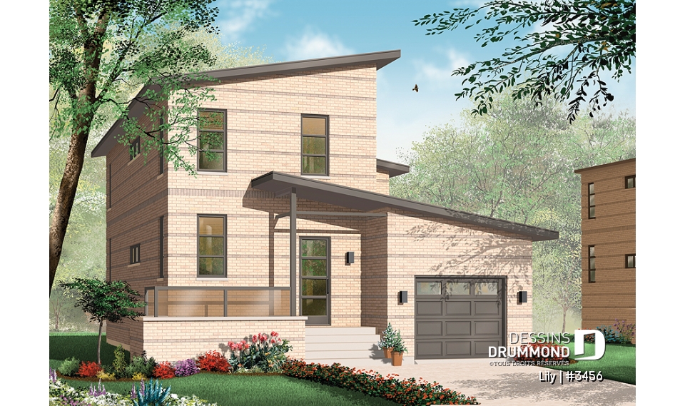 Vue avant - MODÈLE DE BASE - Maison de style contemporain à palier, 2 chambres, garage, grande salle de séjour avec foyer - Lily
