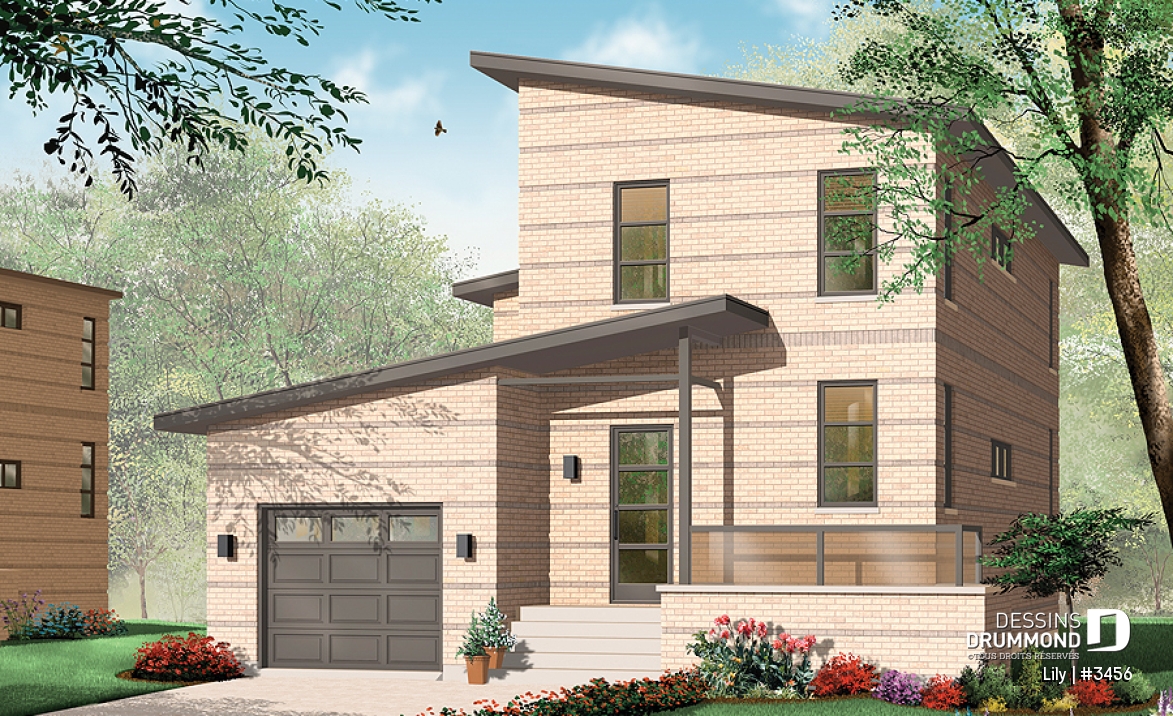 Vue avant - MODÈLE DE BASE - Maison de style contemporain à palier, 2 chambres, garage, grande salle de séjour avec foyer - Lily