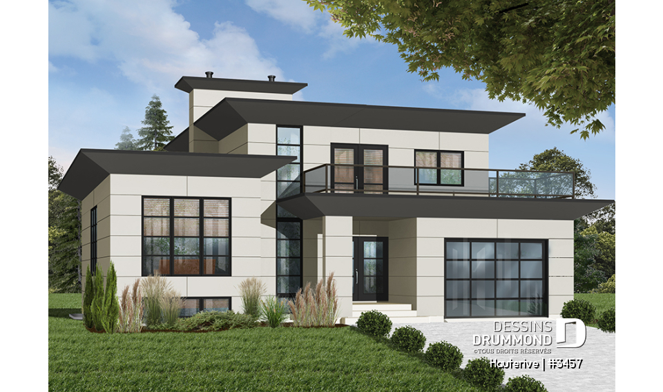 Vue avant - MODÈLE DE BASE - Plan maison moderne 4 chambres, cuisine spacieuse, îlot central, grande salle de séjour, bureau, terrasse - Hauterive