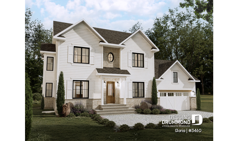 Vue avant - MODÈLE DE BASE - Plan de maison spacieuse, 4+ chambres, grand garage, bureau, suite des maître, sous-sol aménagé (optionnel) - Gloria